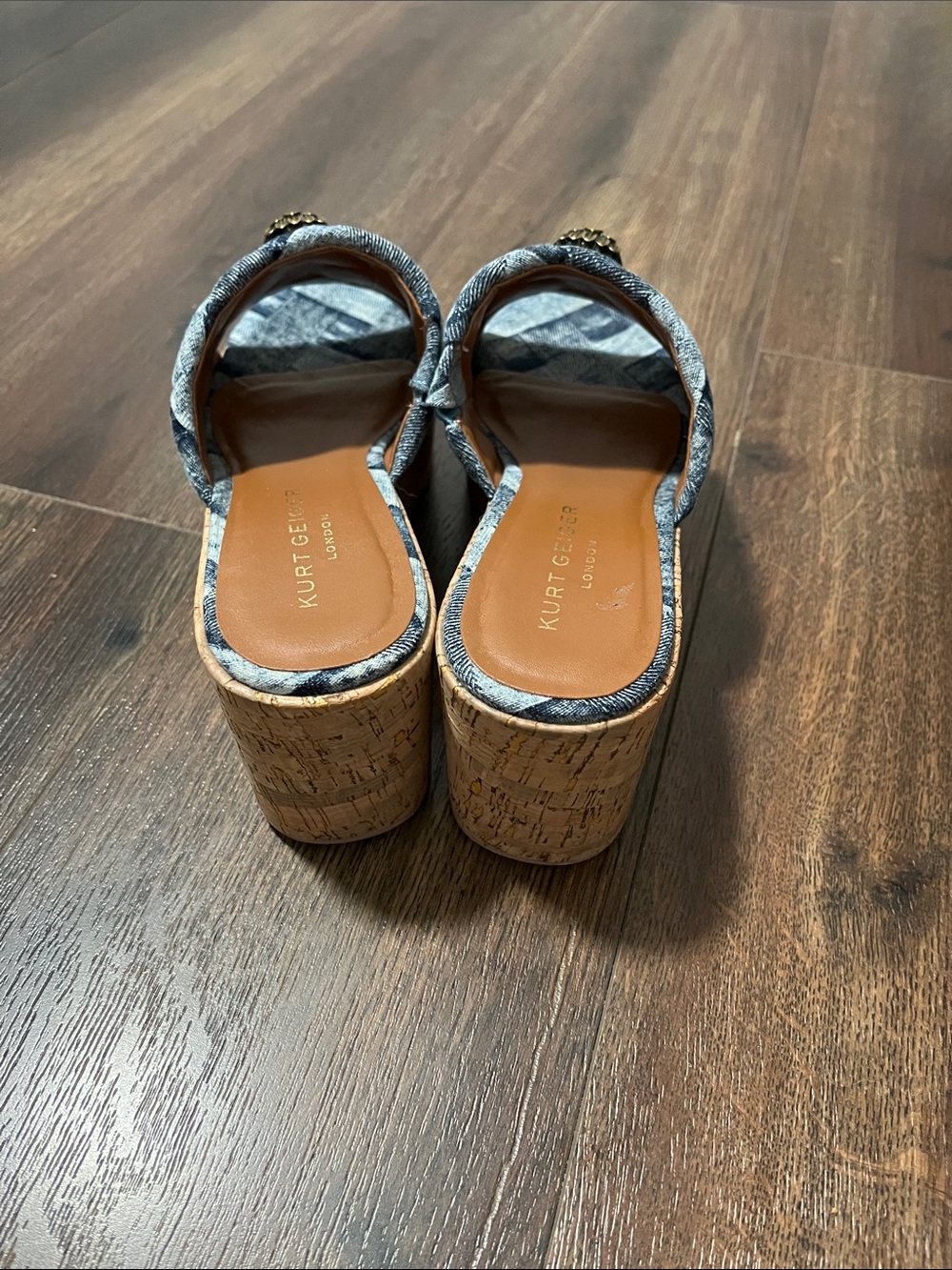Kurt Geiger Denim Woven Cork Slide Wedges with Gold Emblem - Picture 4 of 10